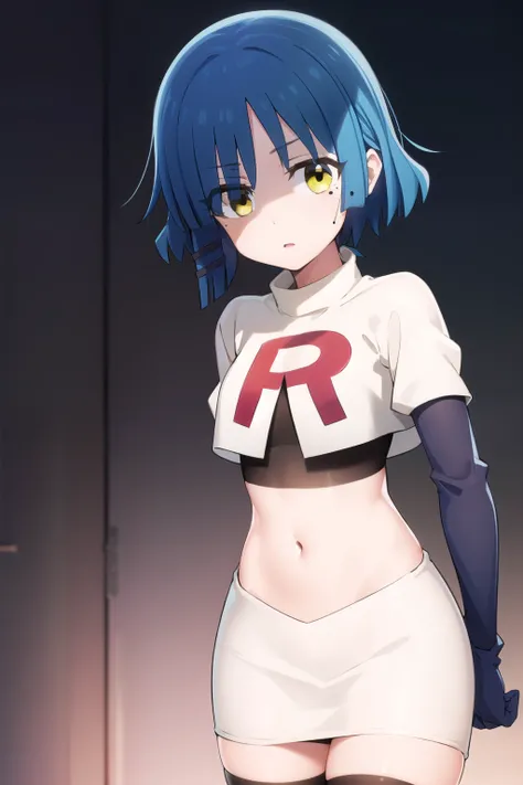 ryouyamada, ryou yamada, blue hair, eyes visible through hair, mole, mole under eye, short hair, (yellow eyes:1.3), hairclips,
BREAK team rocket,team rocket uniform,white skirt,red letter R,crop top,black thigh-highs,black elbow gloves
BREAK looking at vie...