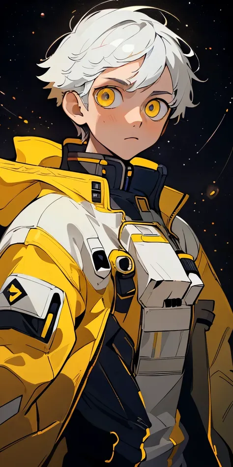 (best quality, masterpiece), 1boy, particle, wind, flower, upper body, dark simple background, looking at viewer, white hair, yellow eyes, space jacket,future tech themed, white and yellow colour scheme, 