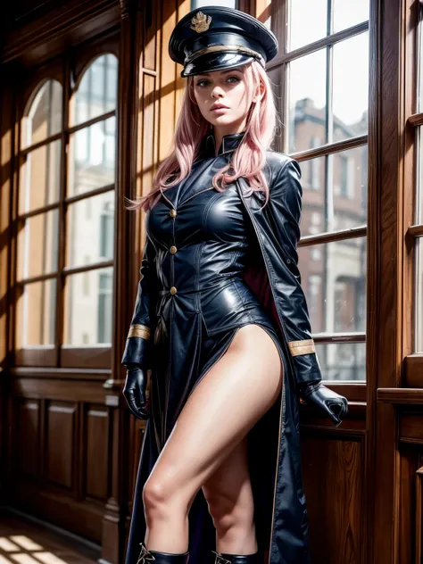 Full figure, photorealistic, high resolution, soft light, 1 woman, alone, busty, pink hair, green eyes, some freckles on face, wearing Navy uniform, long leg boot, short lace-up dress with high bust , jacket with navy ranks, navy gloves on the hands, navy ...