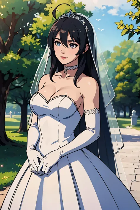 Ayra fe,  hair between eyes, ahoge, black hair, star (symbol), hair ornament, ruffled tulle dress, cleavage, bare shoulders, collarbone, long white elbow gloves, white gloves, white dress, white choker, strapless, tiara, veil, strapless dress, wedding dres...