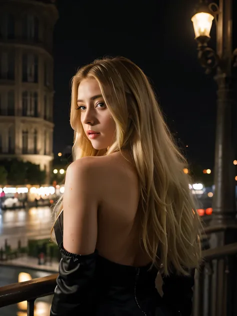 A photo of a beautiful 23 year old Madison Frost, [Amber Heard:Lili reinhart: 0.8], blue eyes BREAK, ((long blonde hair)), back shot, Paris Eiffel tower , high detail, dark atmosphere, hyper-realistic photography, cinematic quality, high detail, black dres...