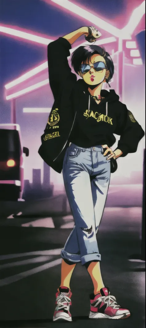 (A best quality,ultra-detailed) 1980s (style), tall, thug, gangsta, rude swagger, arrogant, haughty, bad lil bitch, boss bitch, bitchy female, rapper on mic disgusted, saggy creased baggy, stylish hip hop hoodie, graffiti walls, neon lights, boombox, gold ...