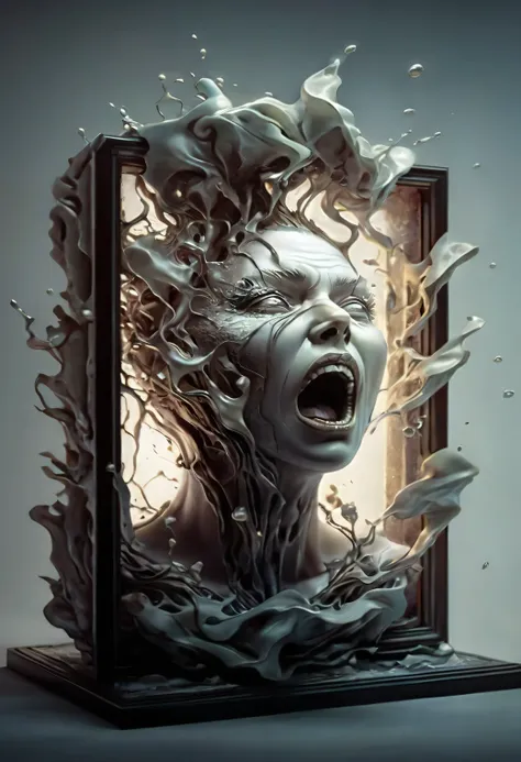 a close up of a sculpture of a woman with a face in a frame, horror surreal art, detailed digital 3d art, face melting, 3d rende...