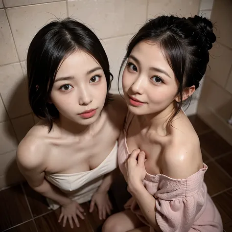 very high quality、become familiar with、Two Japanese women with beautiful faces、single eyelid、amateur、normal person、18 ～ Random age between 35 years old、A little plump、1 shorthair、One person with a ponytail、black hair、Completely naked:2.0、shower room、postur...