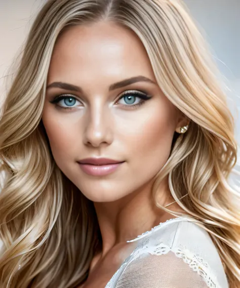 uma jovem de 25 anos, loiro, cabelos claros e ondulados, olhos claros, olhos verdes, rosto bonito, princess face, Rosto da mulher europeia, boca sensual, mulher luxuosa, linda mulher maquiada, Mulher nobre, mulher rica, sorriso perfeito , pinta o lado esq...