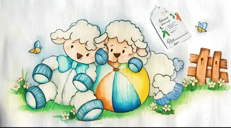 Recreate the drawing of two sheep with a ball in the center in a childrens drawing with level of detail on the sheeps face in a halftone vector illustration