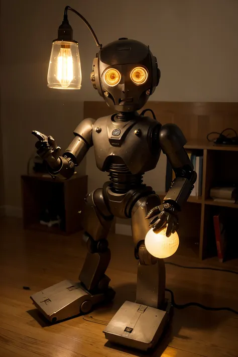 creates a lamp robot that illuminates only his eyes and is made of recyclable materials and is friendly
