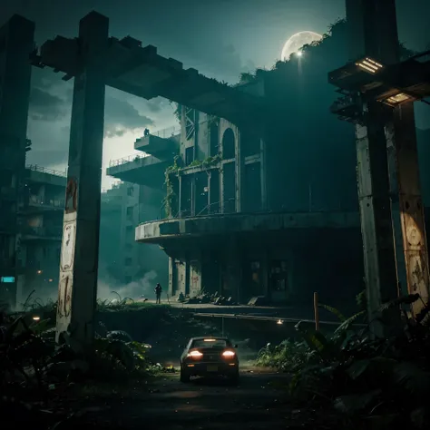 city of the future, jungle, afterlife, post-extinction terminal airplane stop cinematic view ruins close-up night time dark setting
