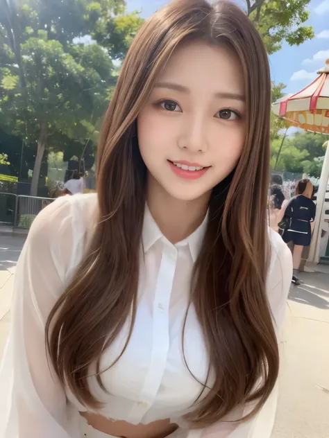 A beautiful Japanese shy girl, age 20 years old, light honey long hair, brown eyes, shiny lip, shiny hair and shiny body, wearing white blouse with mini skirt, in amusement park, office, light shine in, ecstatic expression, 