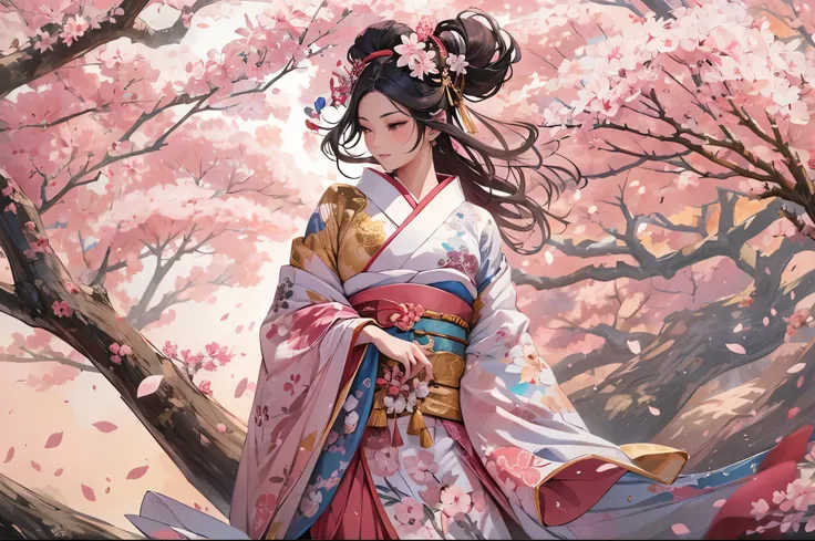 highres,stunning,traditional Japanese art,gorgeous cherry blossom garden,samurai and geisha in the center, couple, serene and elegant,wind blowing through their kimonos,Ukiyo-e inspired,delicate sakura petals swirling around,exquisite details in their armo...