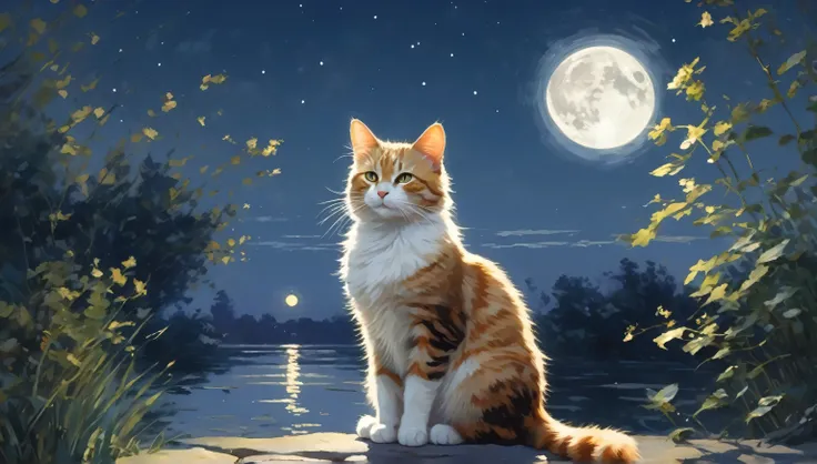 A cat, Under the soft moonlight, A faint light, Shadows swaying in the breeze, A  journey, Soothing the comfort of the soul, The tranquility before dawn, Meditation & Relaxation, Monet, anime style, drop shadow, HD