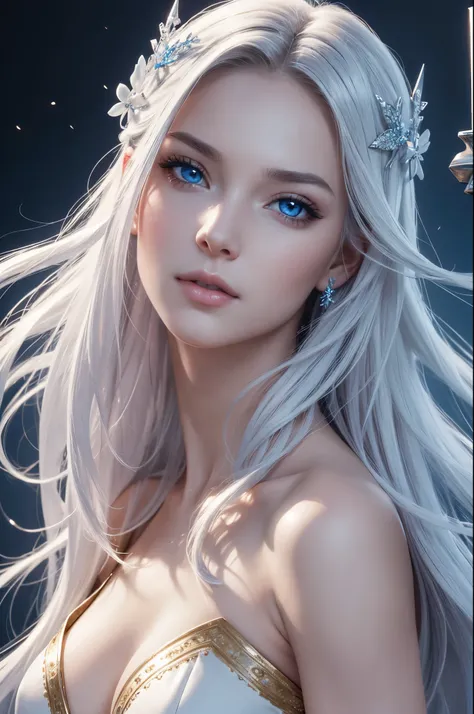 8K,Pale-skinned ice queen,Clear blue eyes,Super beautiful(like the real thing),A pure white dress with a blue snowflake emblem,sharp gaze,stern look,Mysterious Make-up,pale hair,holding a big golden stick in his hand,Sexy adult empress,perfect face,masterp...