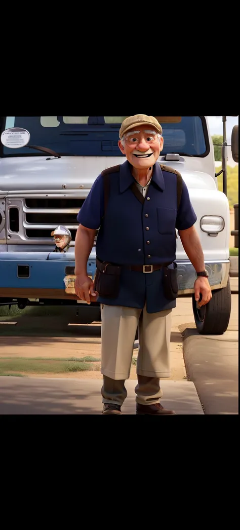 an old man standing, with a hat on his head, smiling, looking up, in the background there is a truck