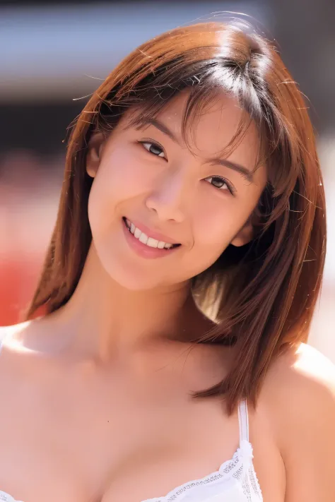 NSFW:1.5,((highest quality、8K resolution、master masterpiece、portrait:1.3)), Photoreal, 35mm film, 1 Japanese female, Upper body、on the street during the day, wrinkles around the eyes、plump body、black hair、smile,((white bra_panties:1.3)) , (outdoor:city str...