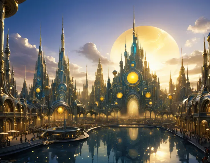 (golden hour lighting), megacity, megalopolis of an imaginary world of science fiction , parecido a una disneylandia futurista, and maximum fantasy, con inmensos edificios y rascacielos ovalados y dodecaedricos agrupados de metal y cristal donde predomina ...