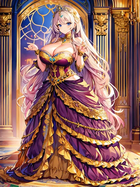 ((anime artstyle)),(Masterpiece),(Best Quality), (Super Detail),(((Very Delicate and Beautiful))),Solo,full body,((full body portrait)),((1 bling-bling princess in beautiful embroidery and jeweled long floor-length gorgeous rococo ballgown)),((((absurdly g...