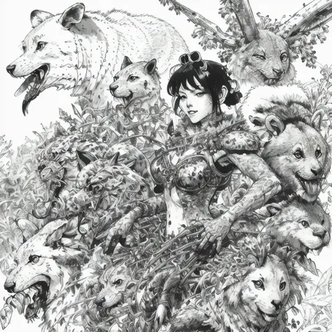 kimjunggi style, kimjunggis style, sketch of a queen of forest, with various animals, complex backdrop, art by artgerm and greg ...