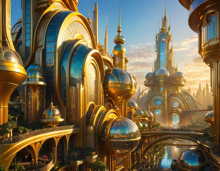 (golden hour lighting), megacity, megalopolis of an imaginary world of science fiction , parecido a una disneylandia futurista, ...