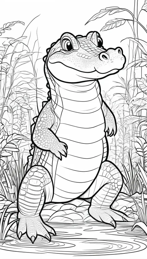 Draw an Alligator in the Forest, Black and White Outline, Coloring Book Page, Coloring Pages, Full White, White Background, Full Body, Sketch Style, (((((white background)))) ), use outline only, cartoon style, line art, coloring book, clean line art, whit...