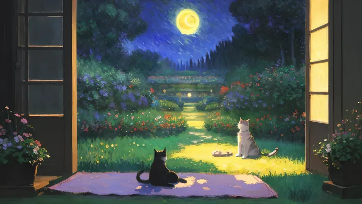 A cat, Under the soft moonlight, A faint light, Shadows swaying in the breeze, A  journey, Soothing the comfort of the soul, The tranquility before dawn, Meditation & Relaxation, Monet, anime style, drop shadow, HD