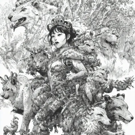 kimjunggi style, kimjunggis style, sketch of a queen of forest, with various animals, complex backdrop, art by artgerm and greg ...