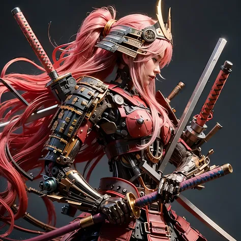 (best quality,highres,masterpiece:1.2),(mechanical:1.4,hydraulic cylinders:1.2),samurai armor,Japanese sword,beautiful girl,twin tails,silver hair,realistic,photorealistic:1.37,photo shoot,ultra-detailed,hyper-realistic textures,full body,battlefield