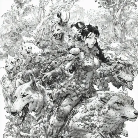 kimjunggi style, kimjunggis style, sketch of a queen of forest, with various animals, complex backdrop, art by artgerm and greg ...