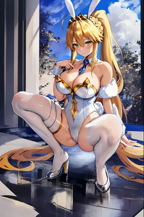 masterpiece, best quality, absurdres, looking at viewer, (light_smile:0.6),
1girl, ahoge, rabbit ears, playboy bunny, artoria pendragon (swimsuit ruler) (fate), large breasts , blonde hair, green eyes, french braid,  pony tail
bare shoulders, large breasts...