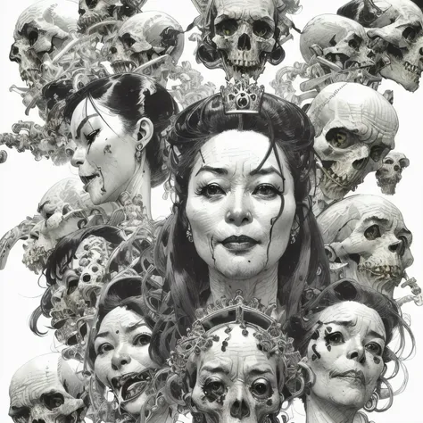 kimjunggi style, kimjunggis style, sketch of a queen of skulls, with various skulls, complex backdrop, art by artgerm and greg r...