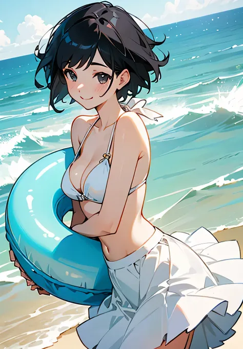 {best quality},Ocean、black hair short cut、woman、beautiful breasts、white-Skirt-style-bikini、innertube、radiant smile、Low angle 、cowboy shot