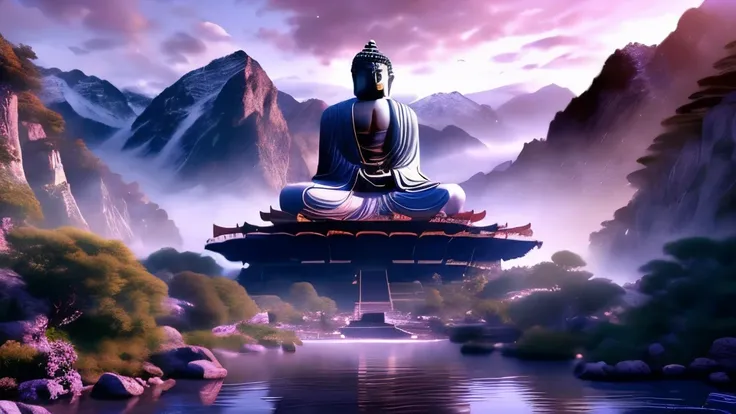 (best quality,masterpiece, complex,Super detailed,actual,original photo,8K Ultra HD,ultra high resolution,photoactual style,movie scene, sharp focus,dramatic lighting,Extremely detailed CG unified wallpaper) ,In the valley by the river，A monk stands in fro...