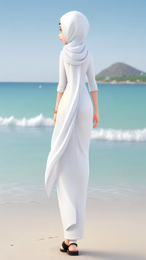 beautiful girl wearing a white hijab, white clothes, on the beach, view from behind, black footwear