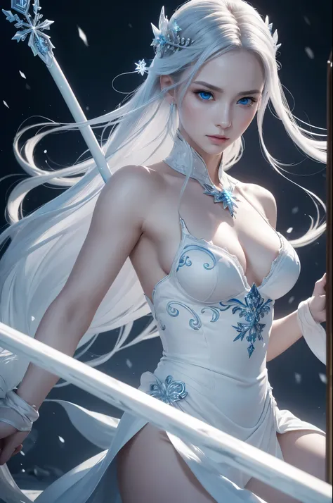 8K,Pale-skinned ice queen,Clear blue eyes,Super beautiful(like the real thing),A pure white dress with a blue snowflake emblem,sharp gaze,stern look,Mysterious Make-up,pale hair,holding a big golden stick in his hand,Sexy adult empress,perfect face,masterp...