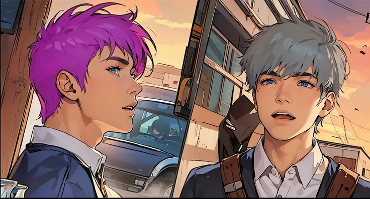 two cute 16 year old boys, purple hair and gray hair, big blue eyes