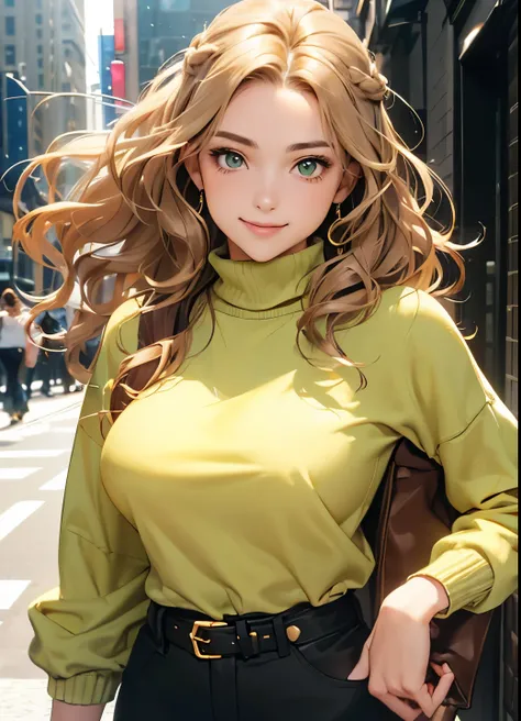 Female((30-years old)), hair((Wavy, Golden brown)), Eyes((smart Eyes, Green)), knit Clothes((New York Fashion Week, light yellow)), Smiling, Breast Out, Ponytail, Accessories, covered nipples