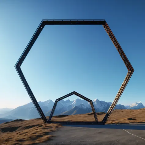 (best quality,4k,8k,highres,masterpiece:1.2),ultra-detailed,(realistic,photorealistic,photo-realistic:1.37),hexagon,sky,amazingly crafted metal frame,giant hexagon hovering in the sky,majestic and awe-inspiring structure,natural light casting shadows on th...