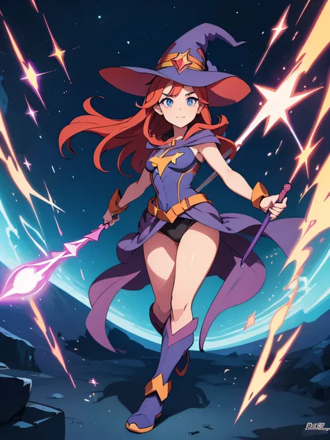 a cartoon of a woman dressed in a superhero costume holding a wand, witch academia, superhero sorceress witch, glamorous angewoman digimon, sky witch, by Aguri Uchida, maya ali as a lightning mage, leotard, witch hat, red hair, blue eyes, fan art, official...