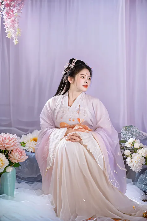 arafed woman in a white dress sitting in a room with flowers, white hanfu, palace ， a girl in hanfu, hanfu, with acient chinese clothes, wearing ancient chinese clothes, traditional chinese clothing, style of guo hua, chinese costume, inspired by Gu An, in...