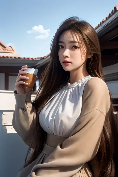 need,masterpiece,light brown hair,A cup breasts,outdoor,Blue sky,roof of the building,8K,white blouse,