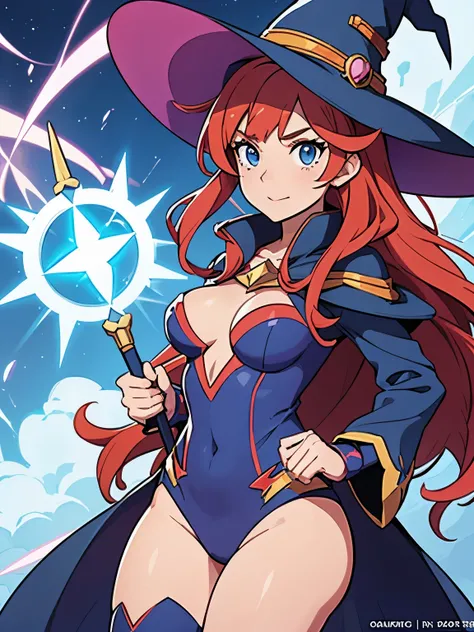 a cartoon of a woman dressed in a superhero costume holding a wand, witch academia, superhero sorceress witch, glamorous angewoman digimon, sky witch, by Aguri Uchida, maya ali as a lightning mage, leotard, witch hat, red hair, blue eyes, age 16-18, solo, ...