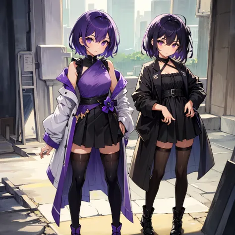 short hair,purple hair, Beautiful and detailed purple eyes,upper eye,(perfect anatomy, anatomically correct), Are standing,looking at the viewer, 1 girl,The clothes are mainly black