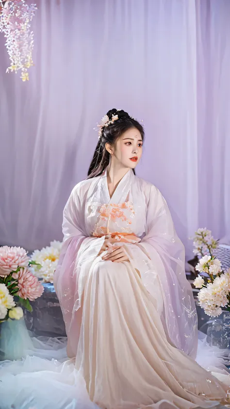 arafed woman in a white dress sitting in a room with flowers, white hanfu, palace ， a girl in hanfu, hanfu, with acient chinese clothes, wearing ancient chinese clothes, traditional chinese clothing, style of guo hua, chinese costume, inspired by Gu An, in...