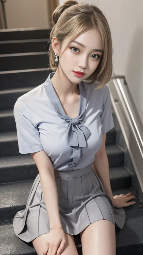 Gray eyes, Korean , summer shirt, gravitation, charisma, glamorous, ribbon tie, a bore skirt, bright blonde, school stairs, going down school stairs, chest thrusting pose, chest bragging pose, 8k raw photo, high resolution, cool Korean at 18 years old, ver...