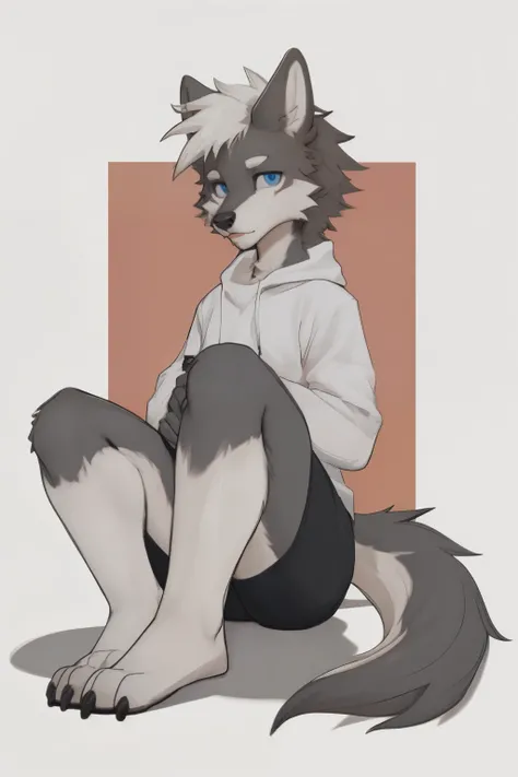 A cute little grey wolf。white hair。pink ears，blue eyes，Sharp claws，Sitting on knees，The body stands upright，Tail tilted to one side。The background is solid gray，personification，Furry painting style