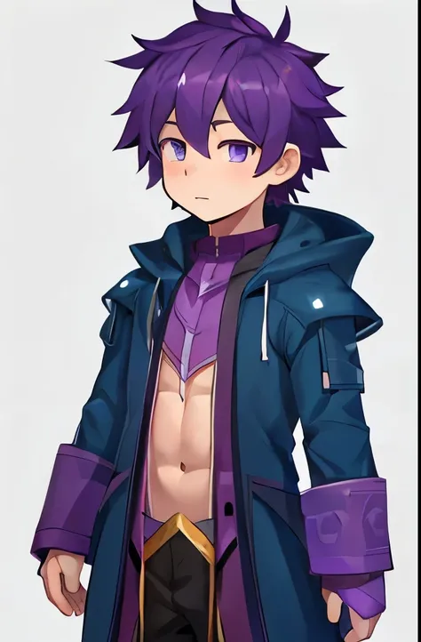 furry hair,  human skin, slime boy, drak purple color, shota, full body standing