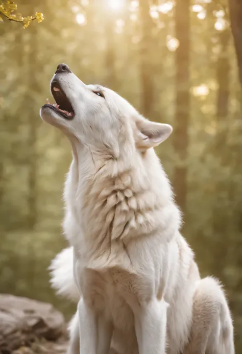 Masterpiece, A beautiful queen, crowned with gold and diamonds sits in the forest in spring, blossom, accompanied by a large white wolf, on the edge of a clear and very beautiful river, high definition at 4k resolution, sharp focus, with very detailed faci...