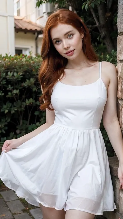 arafed woman in a white dress posing for a picture, redhead girl, anna nikonova aka newmilky, better known as amouranth, beautiful redhead woman, cute young redhead girl, redhead woman, amouranth, in white clothes, lovely woman, wearing white dress, white ...