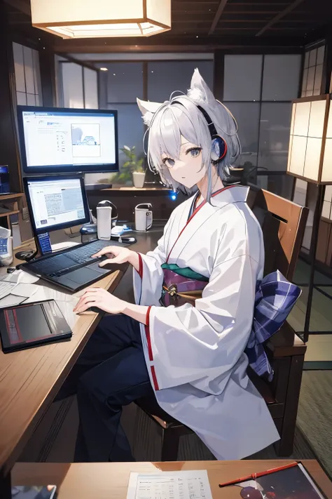 ((highest quality)), ((masterpiece)), 
High-definition male
#Japanese-style study　The time is morning　
#A handsome boy working　Silver-coloured kimono、silver hair、silver fox with ears、Silver fox tail、earphone、Working while looking at a computer　
#An atmosph...