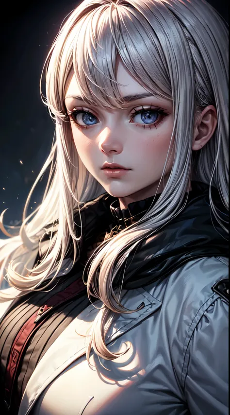 (best quality:1.5, high resolution, UHD, 4k, Detailed lighting, Shaders), white wavy hair, gros seins , veste femme, Long manteau, (lancer), Portrait, fond blanc