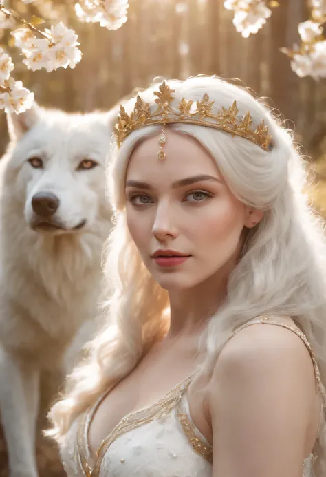 Masterpiece, A beautiful queen, crowned with gold and diamonds sits in the forest in spring, blossom, accompanied by a large white Wolf with yellow eyes, on the edge of a clear and very beautiful river, high definition at 4k resolution, sharp focus, with v...